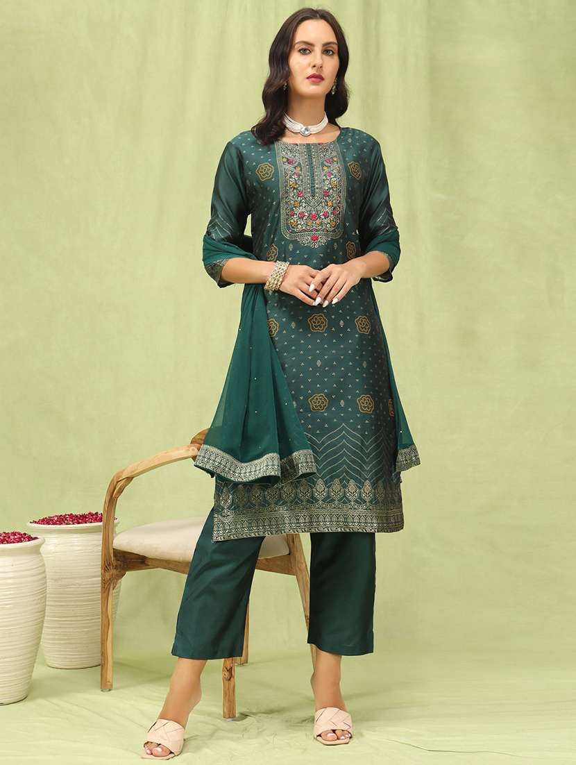 women three quarter sleeve kurta pant with dupatta set