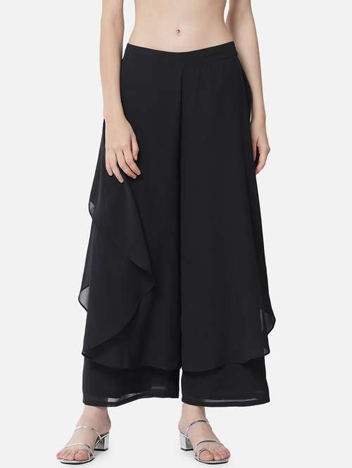 women solid mid rise ruffle palazzo