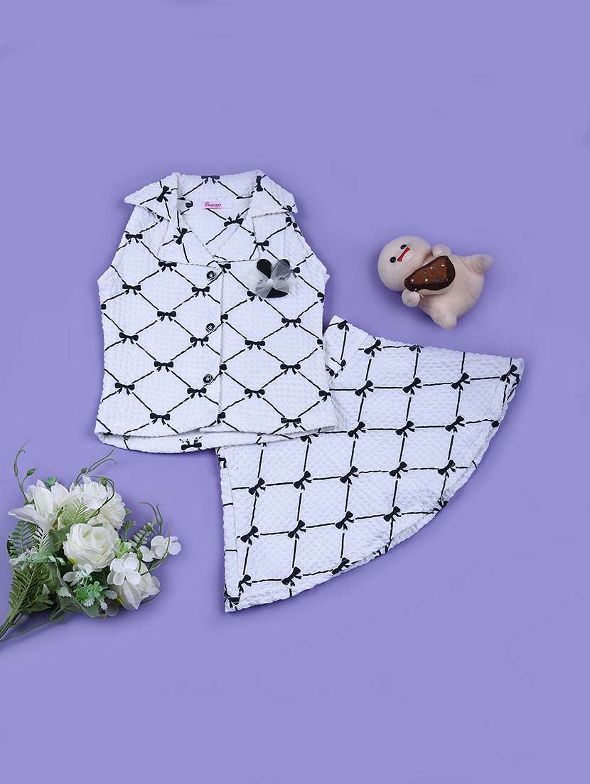 girls white printed top & bottom skirt top set