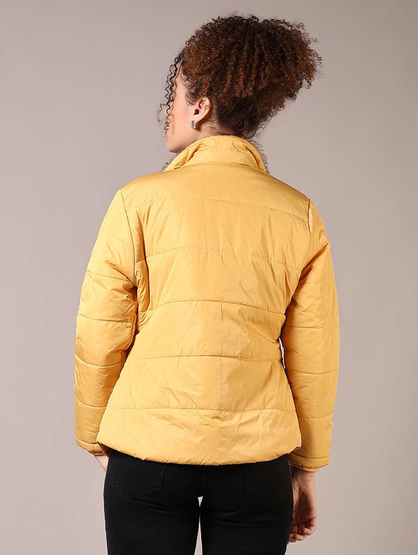 women solid long sleeve fur collared puffer jacket - 21685144 -  Standard Image - 2