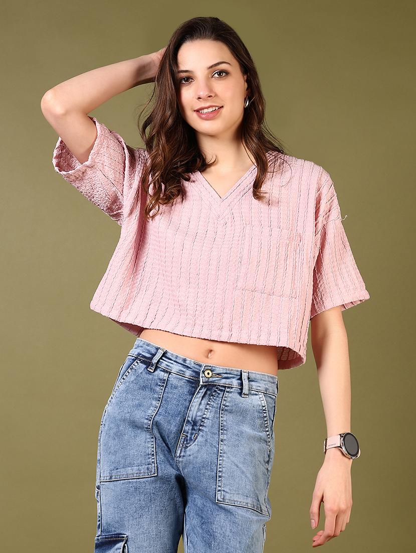 women solid short sleeves crop top - 21685158 -  Zoom Image - 0
