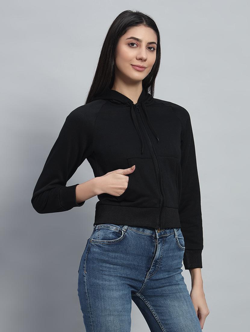 women solid hooded long sleeves crop sweatshirt - 21685406 - Standard Image - 2