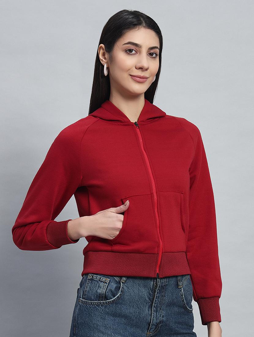 women solid hooded long sleeves crop sweatshirt - 21685407 - Standard Image - 2
