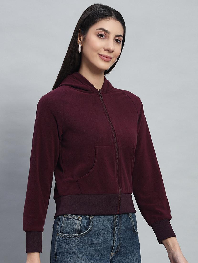 women solid hooded long sleeves crop sweatshirt - 21685408 - Standard Image - 2