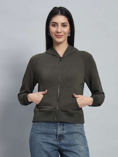 Women Solid Hooded Long Sleeves Crop Sweatshirt
