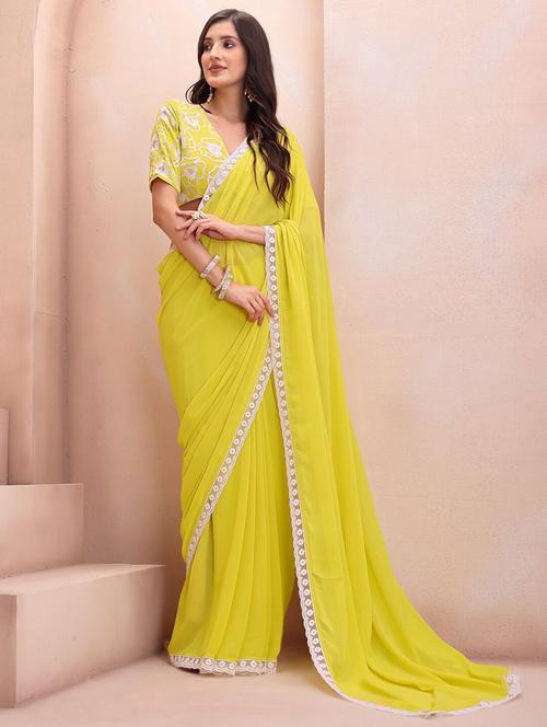 women lime bordered saree with blouse - 21685504 -  Standard Image - 0