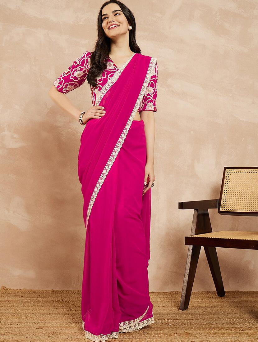 women pink bordered saree with blouse - 21685505 - Zoom Image - 0