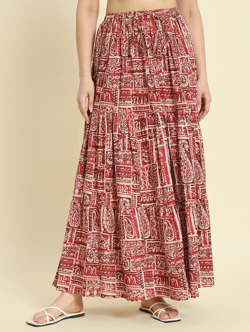 women maroon printed tiered long skirt - 21685533 - Standard Image - 0