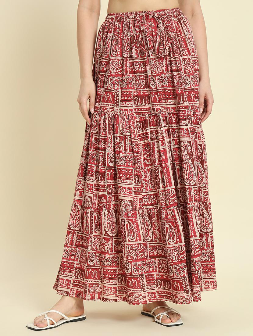 women maroon printed tiered long skirt - 21685533 - Zoom Image - 0