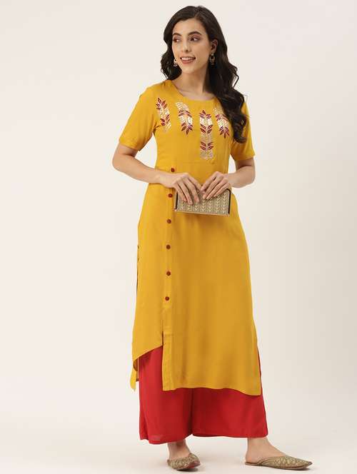 women mustard three quarter sleeve asymmetric kurta - 21685570 - Standard Image - 0