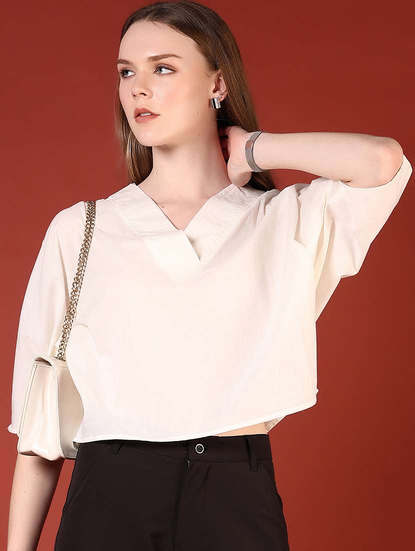 women white solid shrt sleeve crop top