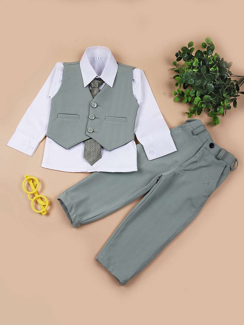 boys grey solid 3 piece party wear suit set