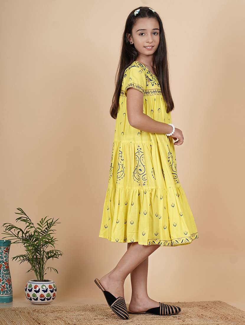girls yellow printed round neck tiered dress - 21685950 -  Standard Image - 2
