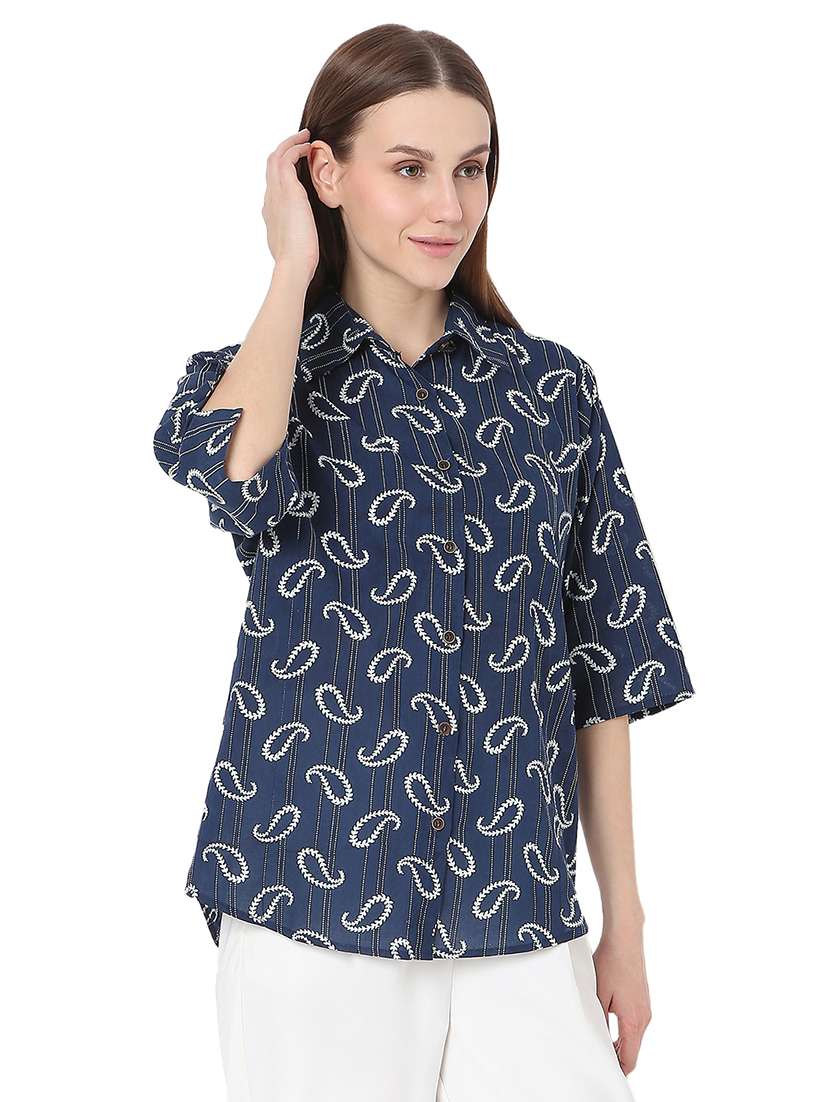 women navy blue paisley printed regular shirt - 21685959 - Standard Image - 2