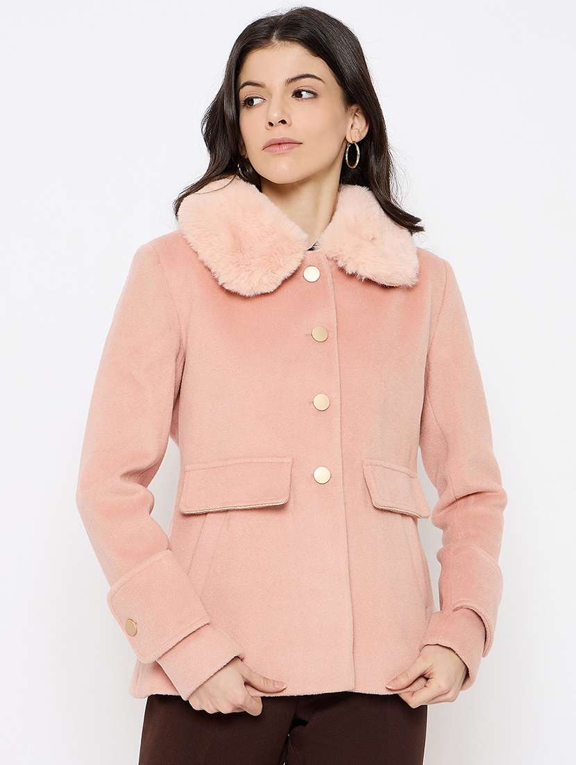 women fur detailed long sleeves regular coat