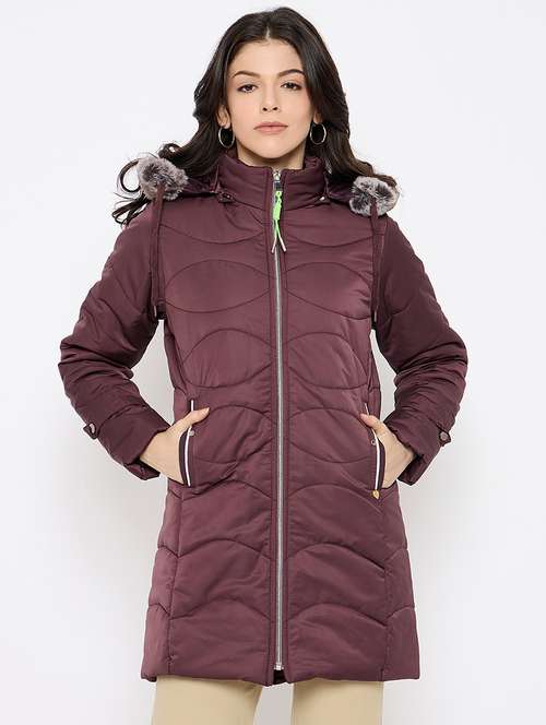 women solid fur detailed hooded parka jacket - 21686054 -  Standard Image - 0