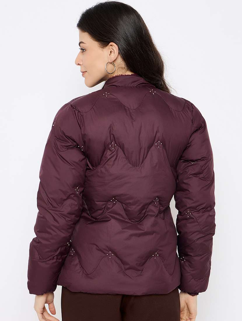 women burgundy solid long sleeve puffer jacket - 21686056 -  Standard Image - 2