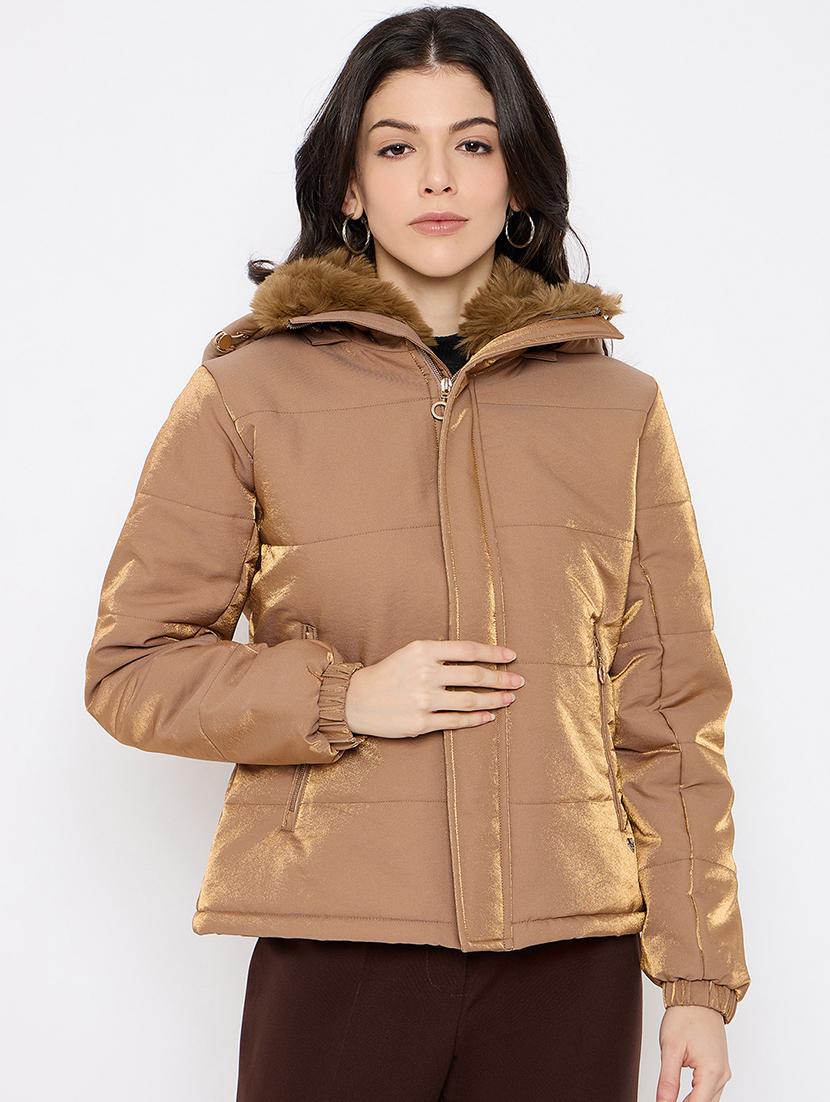 women solid fur detailed hooded puffer jacket - 21686057 - Zoom Image - 0