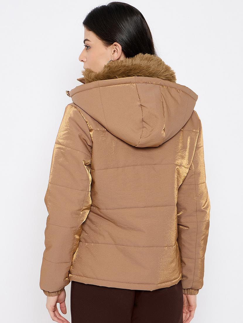 women solid fur detailed hooded puffer jacket - 21686057 - Standard Image - 2