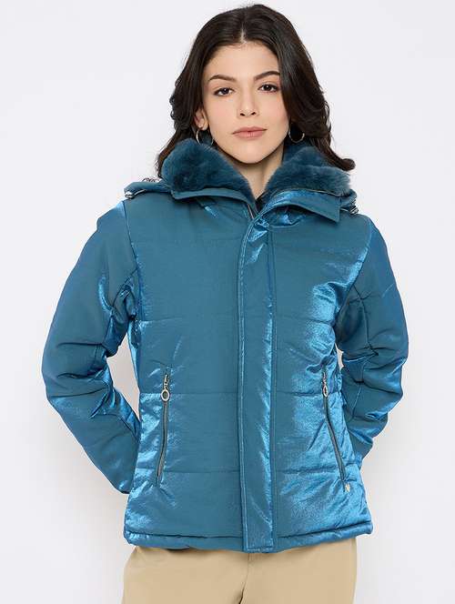 women solid fur detailed hooded puffer jacket - 21686058 -  Standard Image - 0