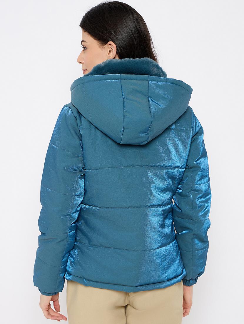 women solid fur detailed hooded puffer jacket - 21686058 - Standard Image - 2