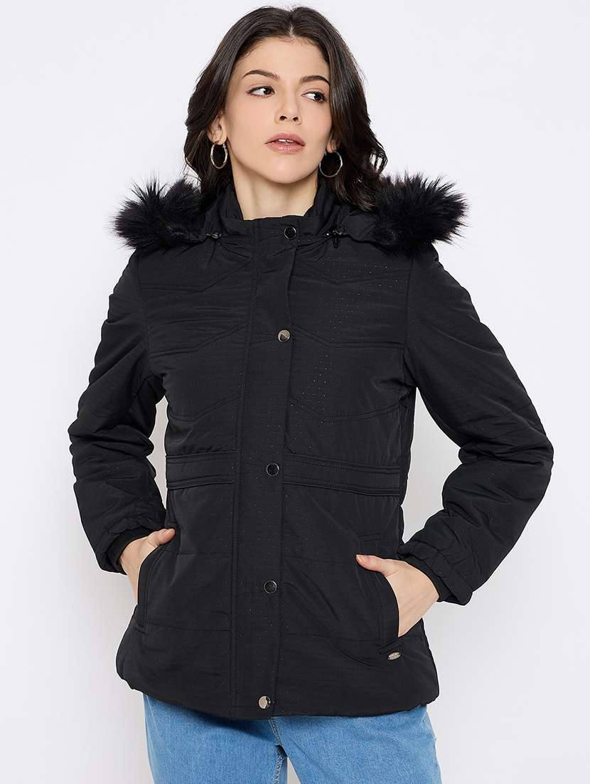 women solid fur detailed hooded bomber jacket - 21686059 - Zoom Image - 0