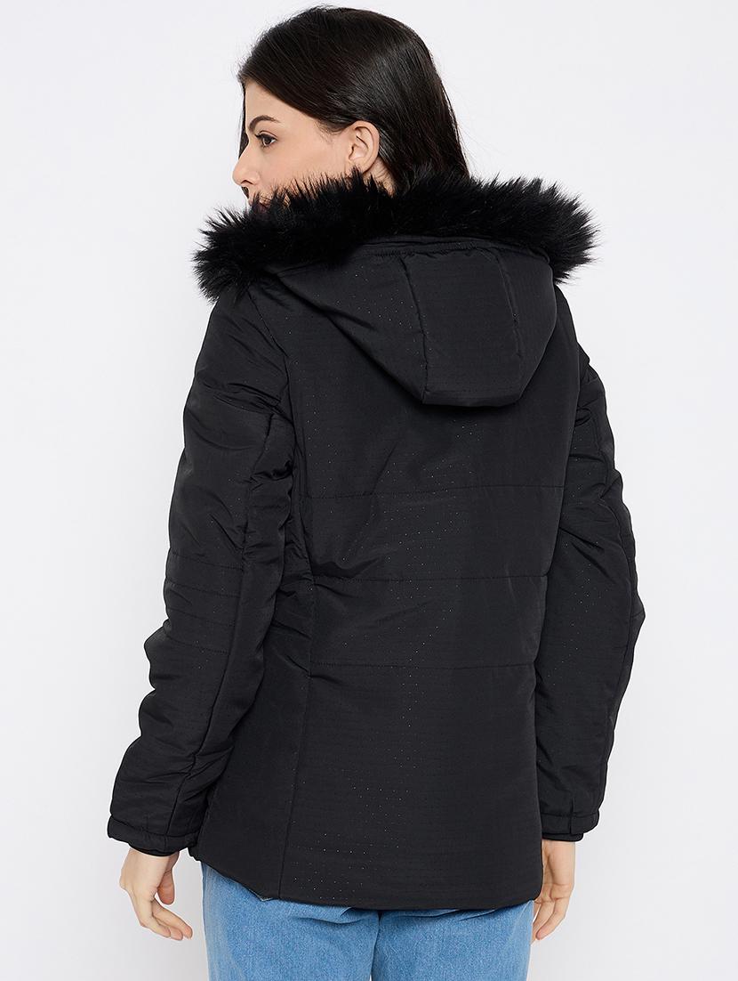 women solid fur detailed hooded bomber jacket - 21686059 - Standard Image - 2