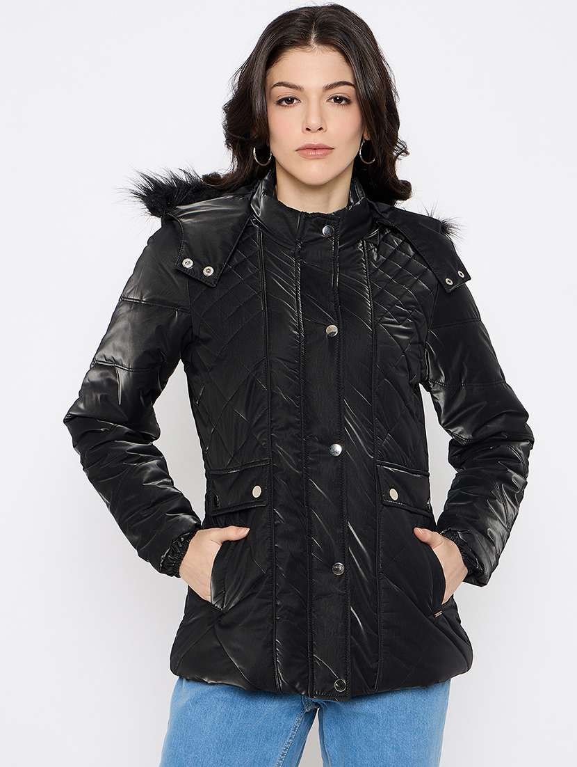women solid fur detailed hooded parka jacket - 21686061 -  Zoom Image - 0