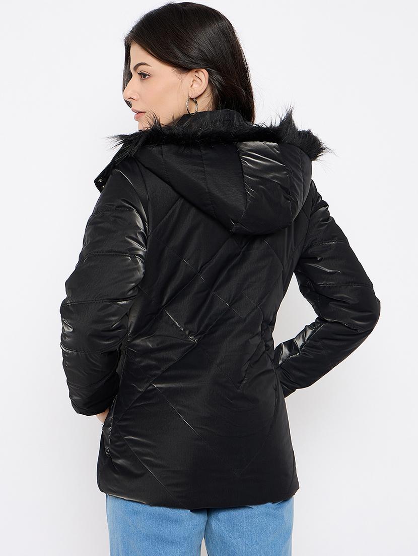 women solid fur detailed hooded parka jacket - 21686061 - Standard Image - 2