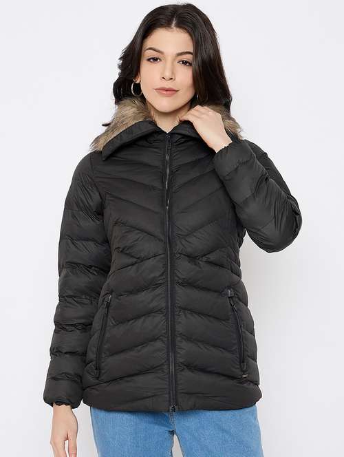 women solid fur detailed high neck puffer jacket - 21686065 - Standard Image - 0