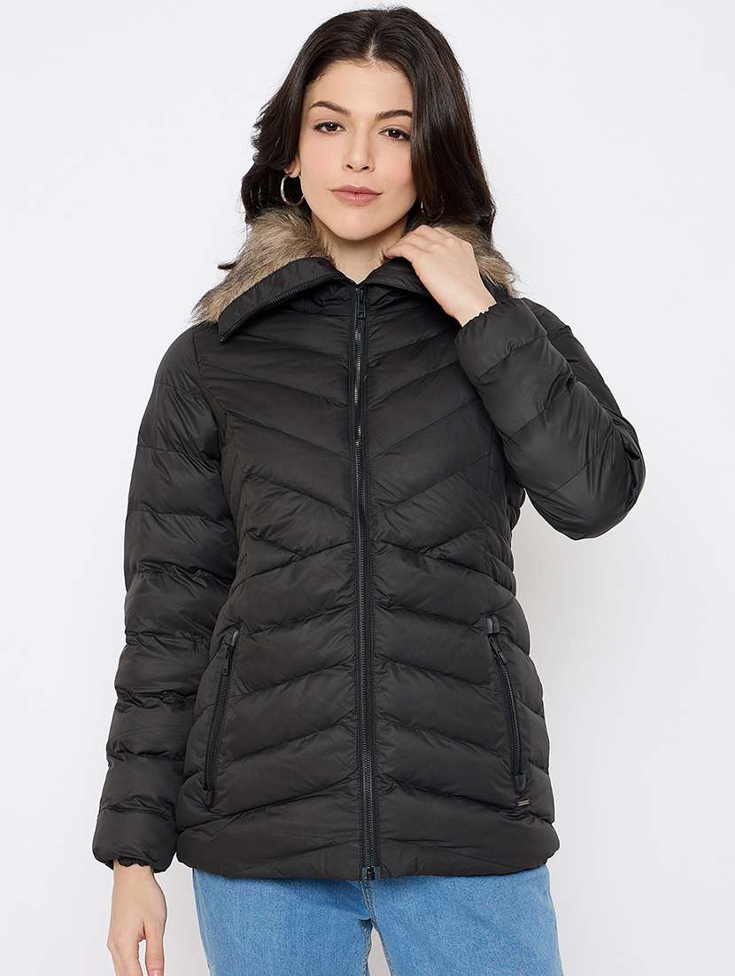 women solid fur detailed high neck puffer jacket - 21686065 - Zoom Image - 0