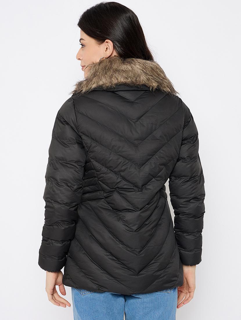women solid fur detailed high neck puffer jacket - 21686065 - Standard Image - 2