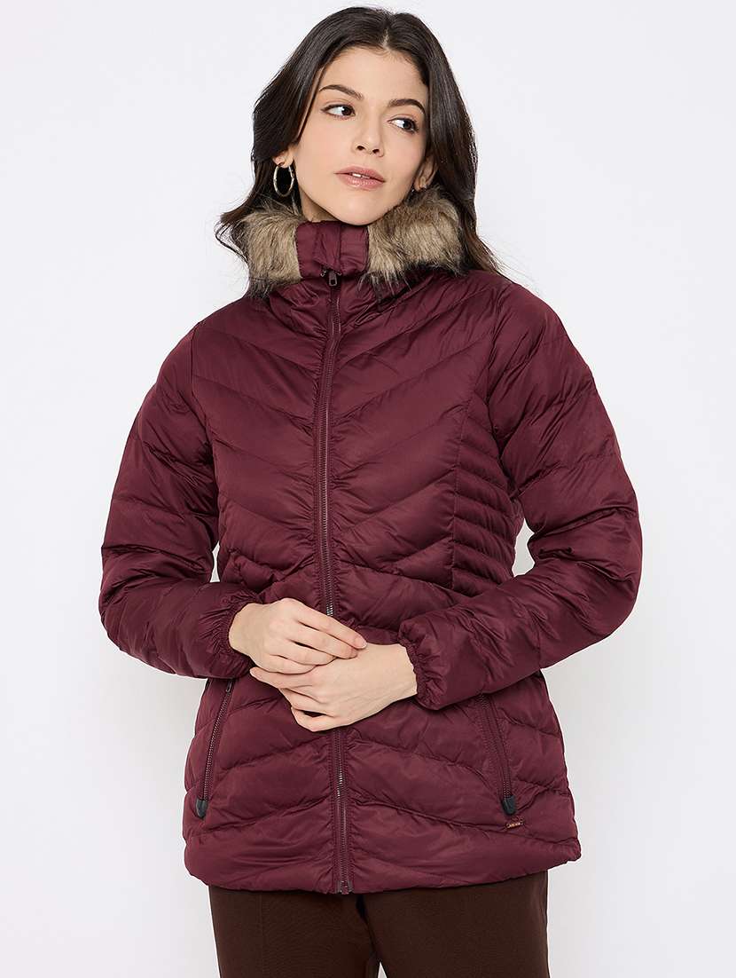 women solid fur detailed high neck puffer jacket