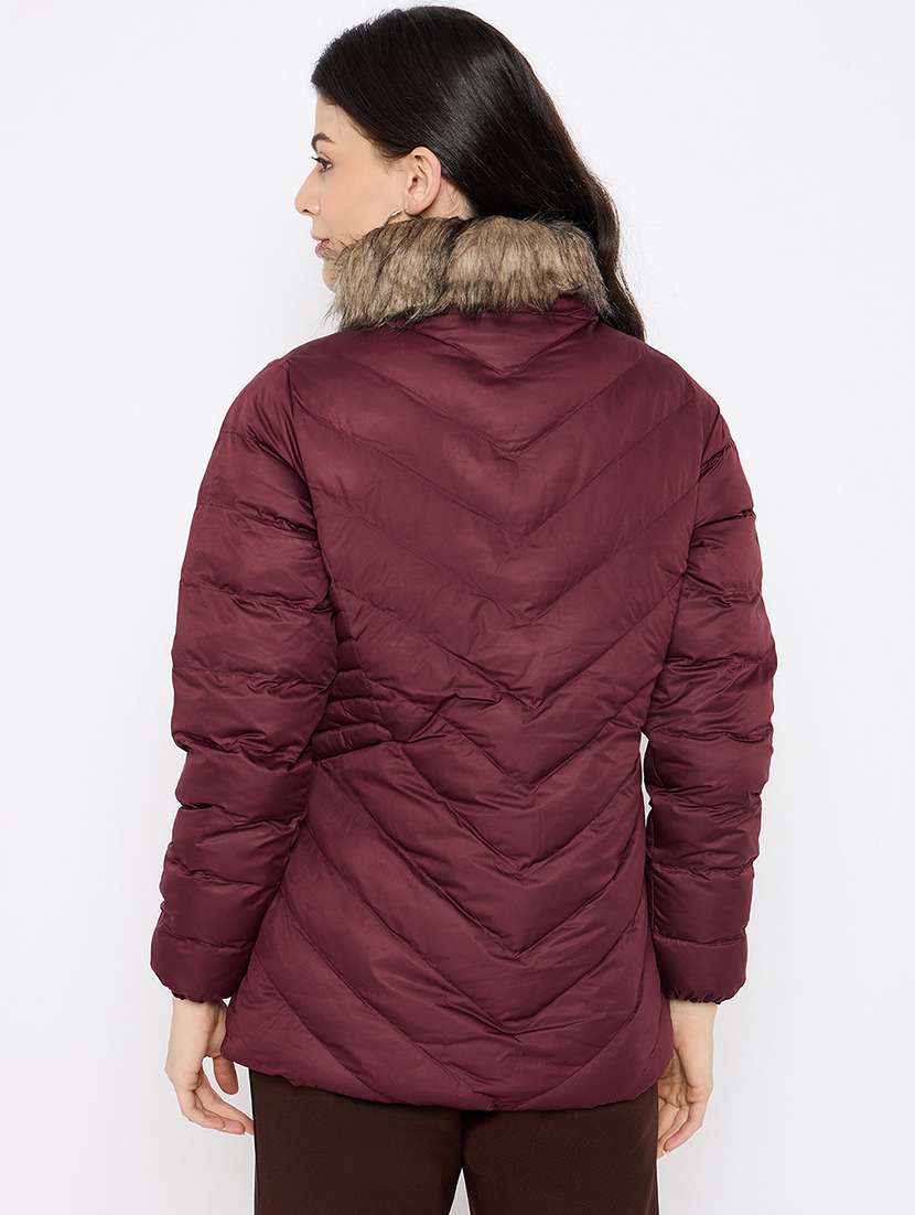 women solid fur detailed high neck puffer jacket - 21686066 -  Standard Image - 2