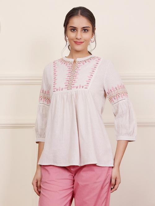 women beige striped three quarter sleeve a line tunic - 21686463 - Standard Image - 0