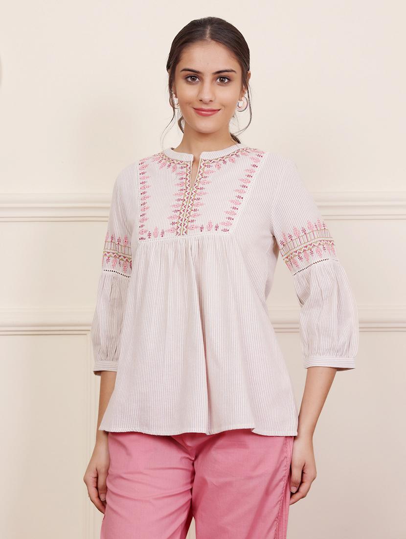 women beige striped three quarter sleeve a line tunic - 21686463 - Zoom Image - 0