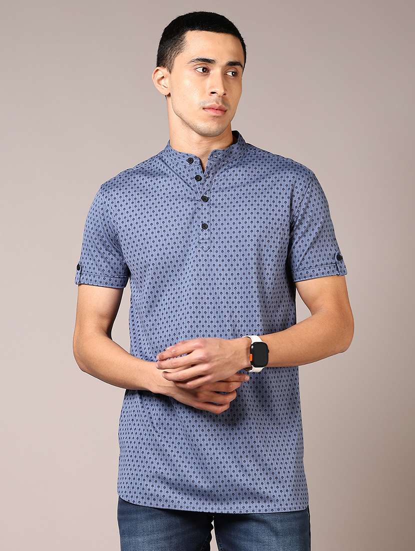 men printed mandarin neck long sleeves t-shirt - 21686704 -  Zoom Image - 0
