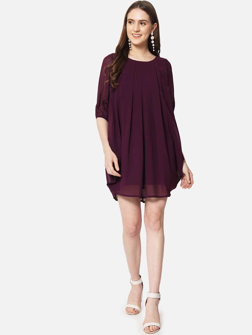 women solid round neck high low dress