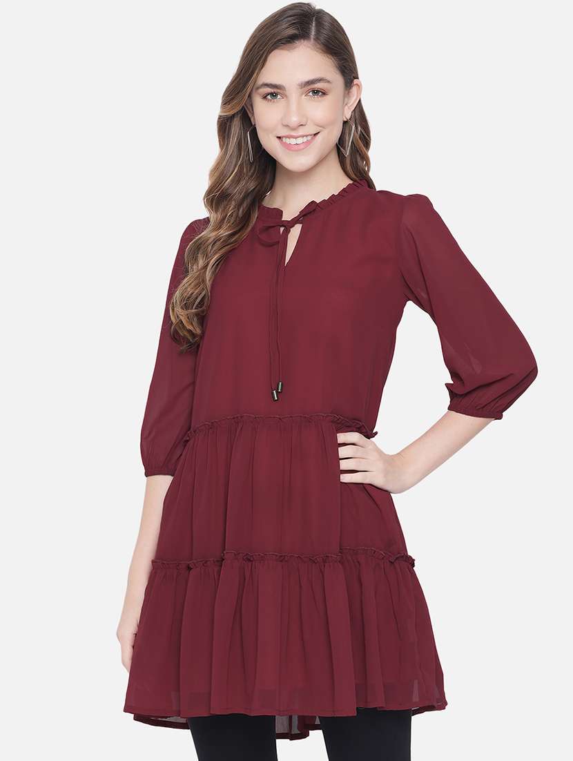 women solid puff sleeves tiered tunic