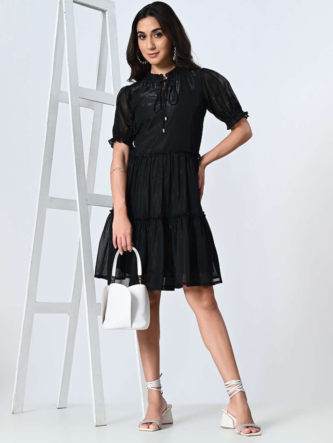 women solid puff sleeves tiered dress