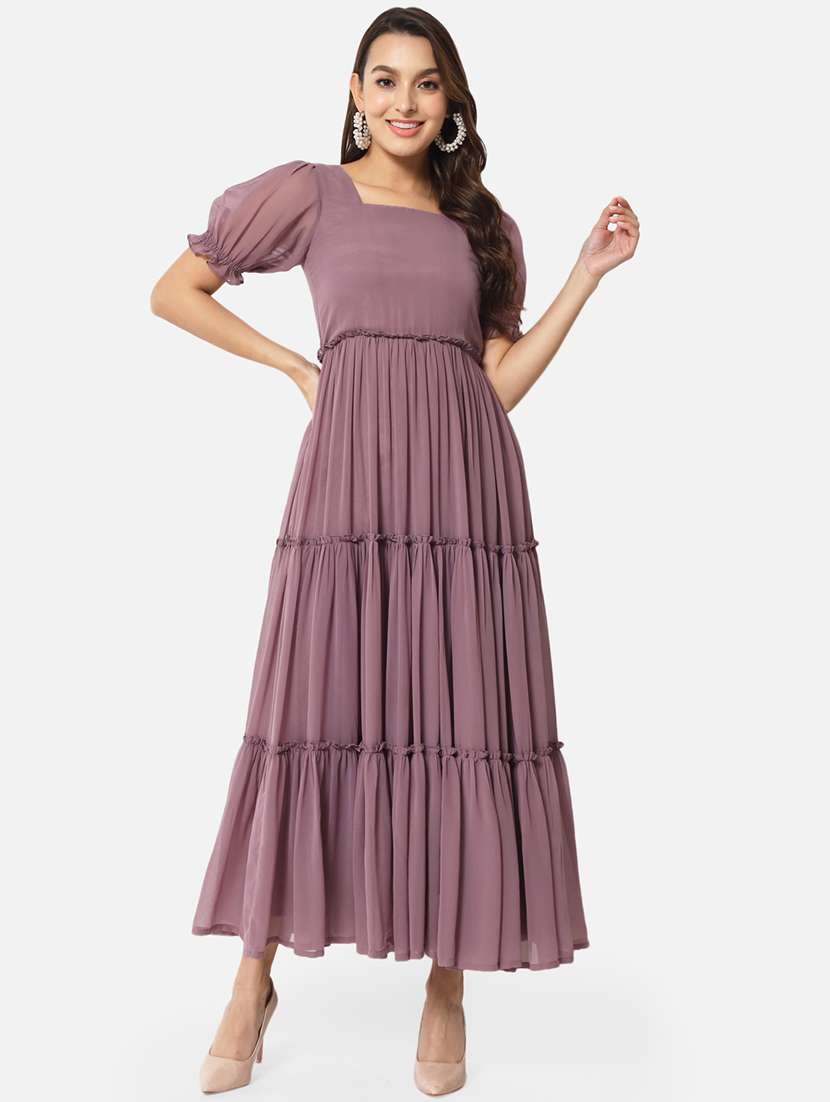 women solid puff sleeves tiered maxi dress