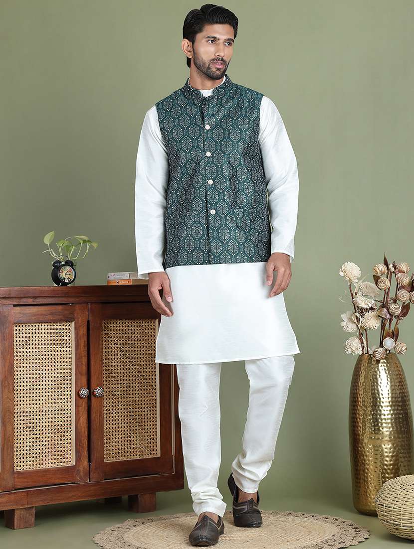 men printed kurta pyjama with jacket ethnic wear set