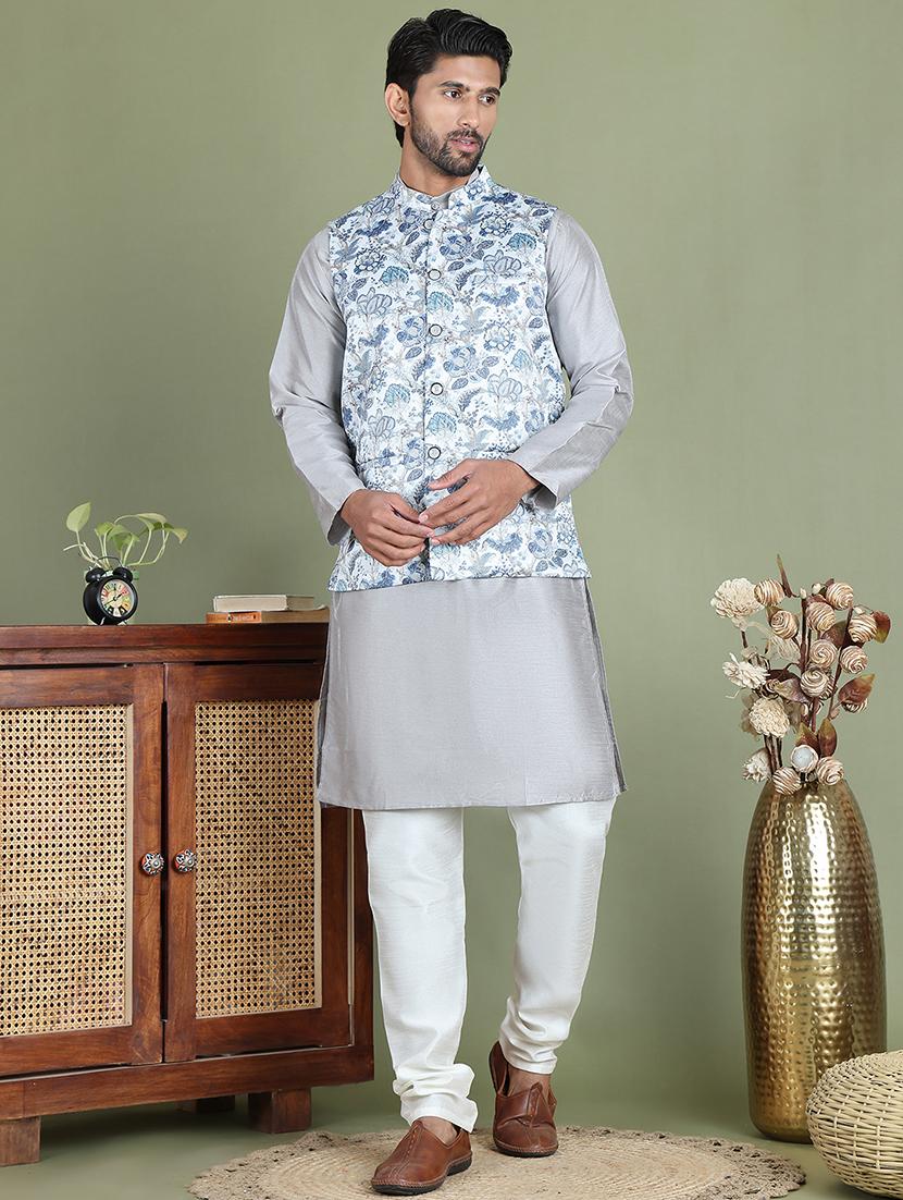men printed kurta pyjama with jacket ethnic wear set