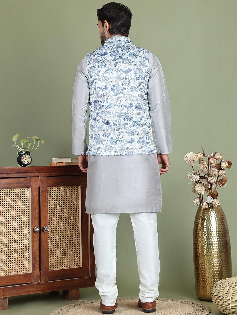 men printed kurta pyjama with jacket ethnic wear set - 21687086 - Standard Image - 2