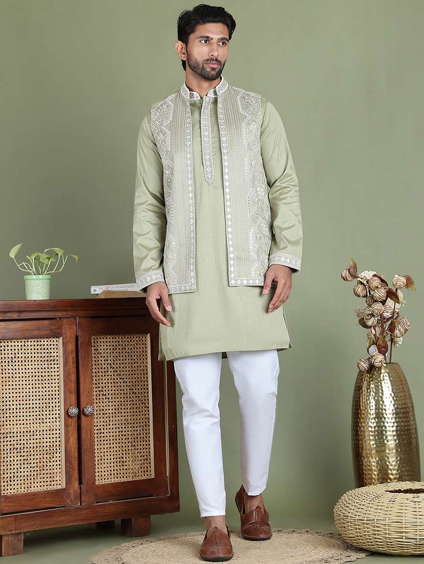 men embroidered kurta pyjama with jacket ethnic wear set