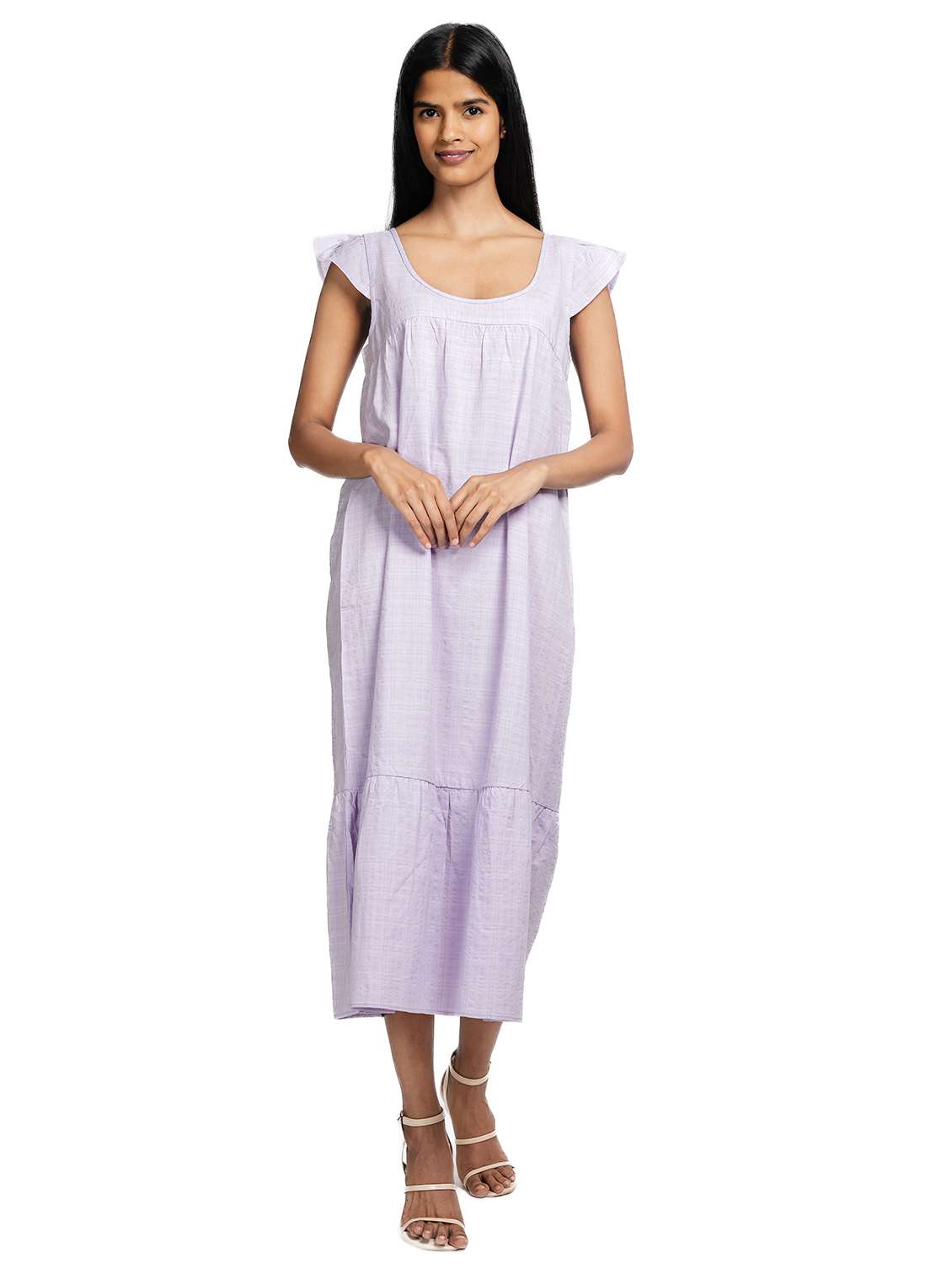 women checkered cap sleeves tiered dress