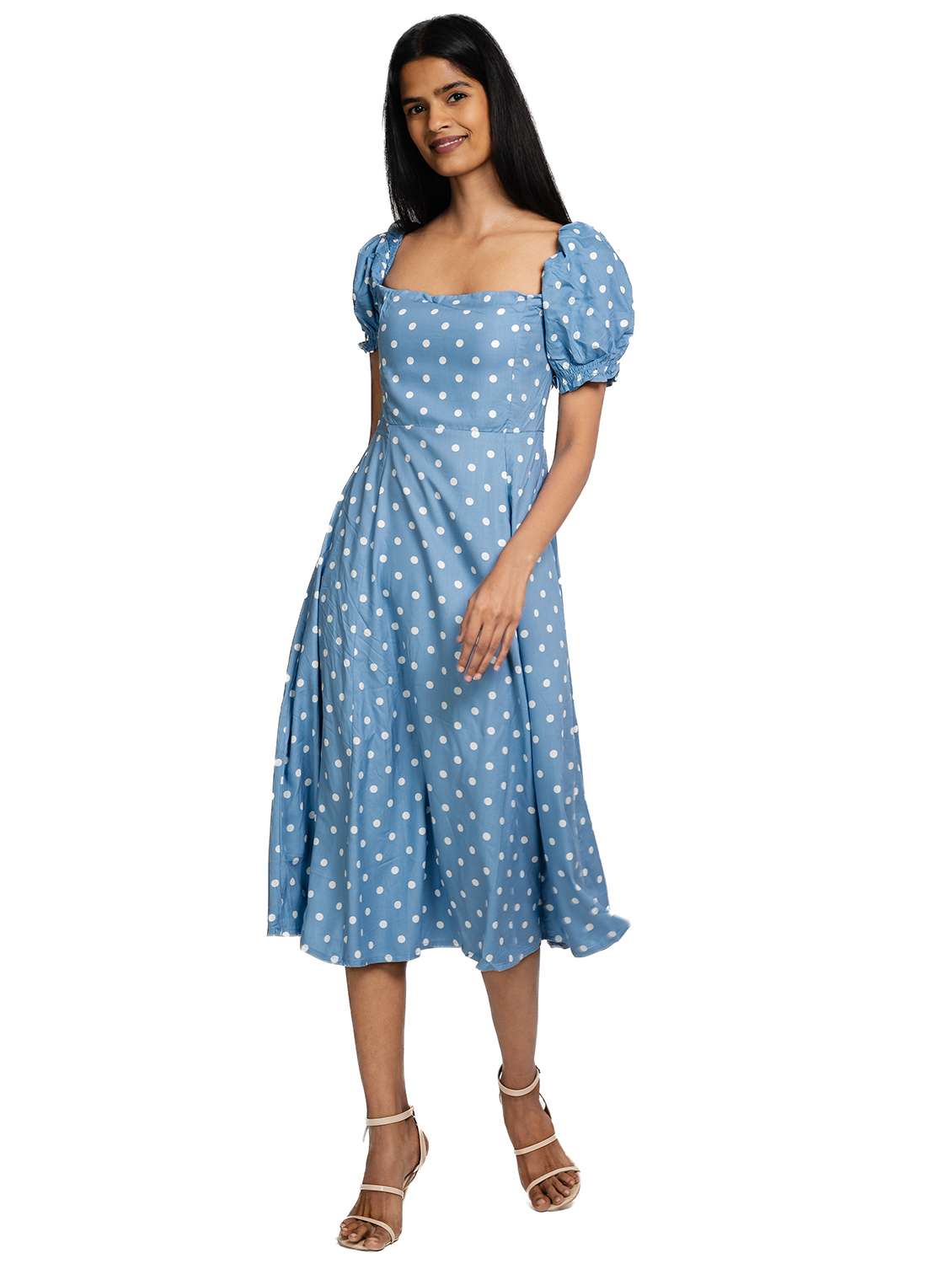 women polka doted puff sleeves dress
