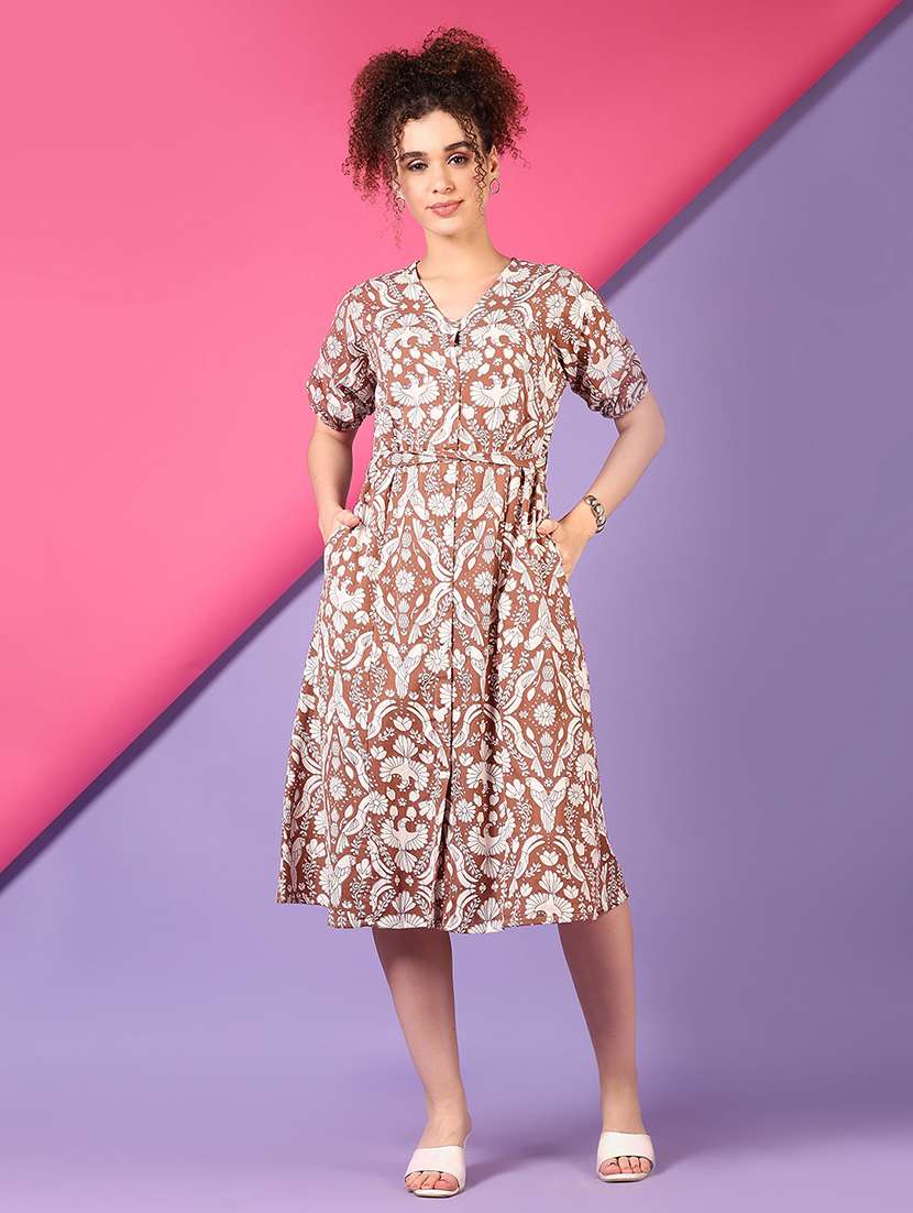 women brown printed puff sleeve a-line dress