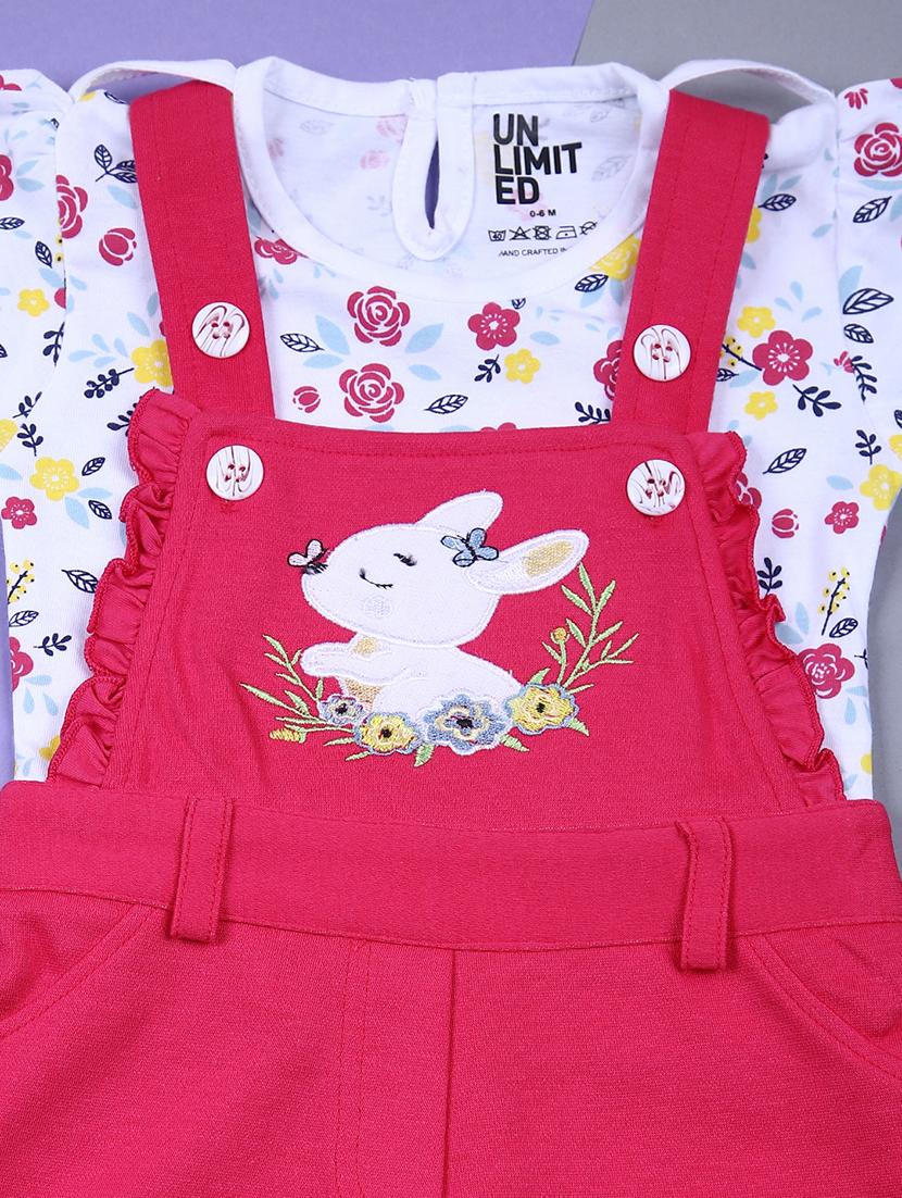 girls fuchsia printed t-shirt & dungaree set - 21687514 - Standard Image - 2
