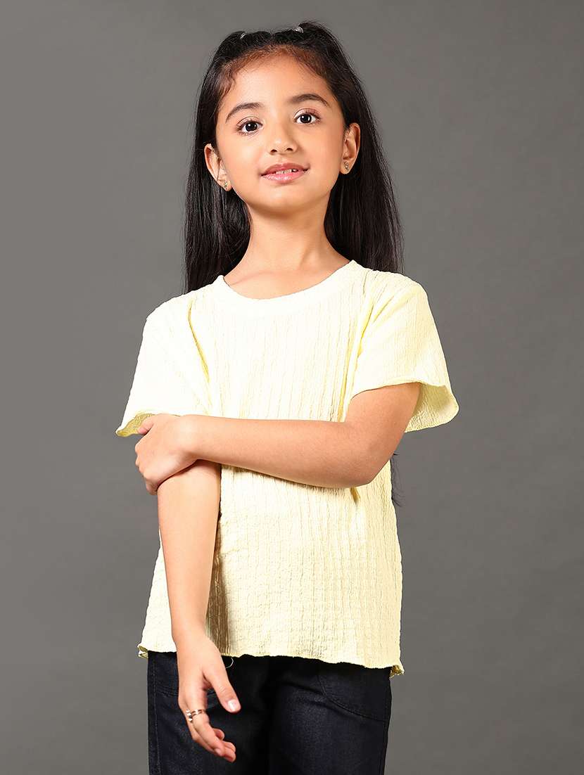 girls round neck self design top
